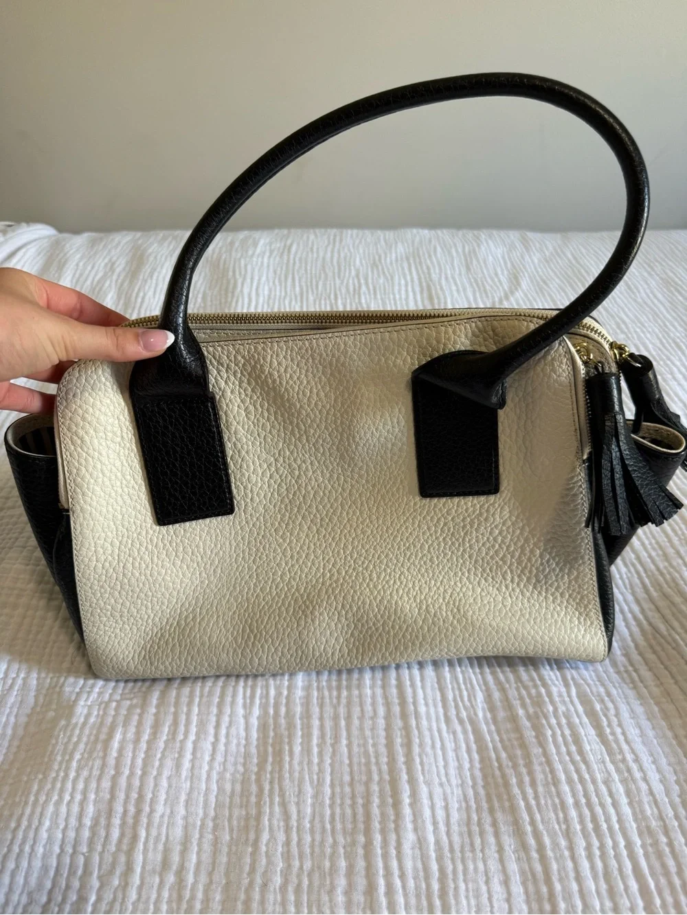 kate spade Cream and Black Pebbled Leather Double-Zip Shoulder Bag